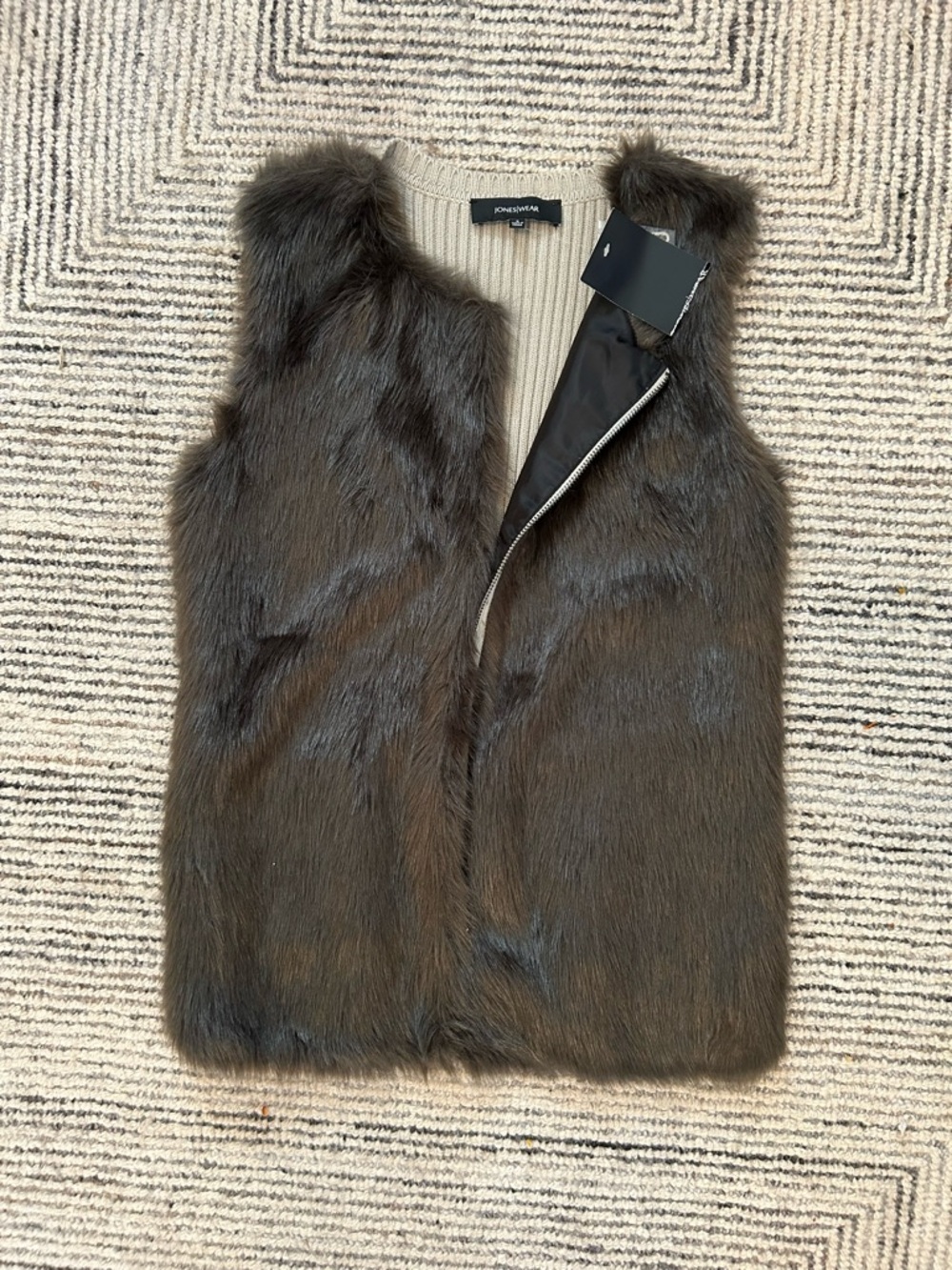 Jones Wear Striped Faux Fur Sweater Vest Full Zip Beige & Dark Brown small